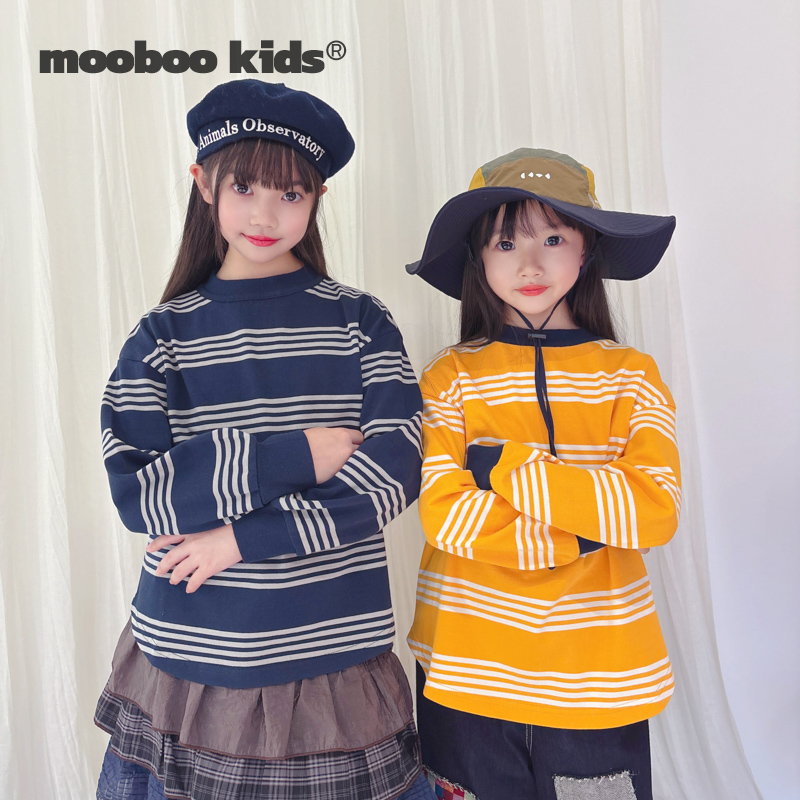 MoobooKids_儿童条纹圆领长袖T恤纯棉软宽松上衣儿童秋衣外穿洋气