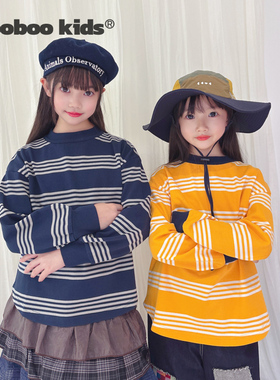 MoobooKids_儿童条纹圆领长袖T恤纯棉软宽松上衣儿童秋衣外穿洋气