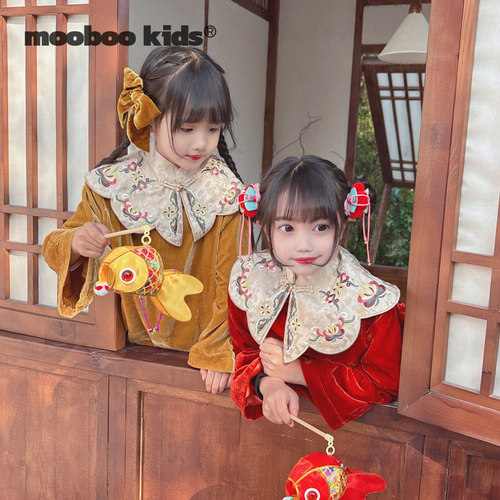 墨宝童装_新年进口丝绒长款娃娃衫+古风刺绣直筒裤+古风刺绣云肩