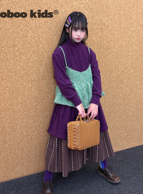 墨宝童装_混搭小仙女紫色长款伞裙打底衫+花式绿色背心+棕色半裙