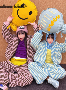 墨宝童装 MoobooKids_超软糯糯的月亮绒条纹连帽外套套装
