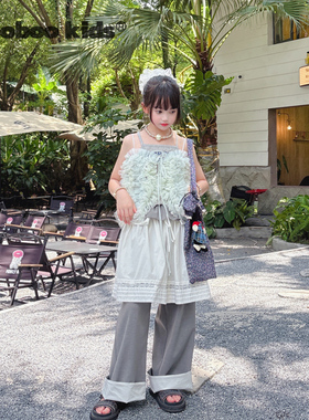 墨宝童装_灰蓝蕾丝仙女上衣+字母背心+花苞冰感抗皱花灰色裤子