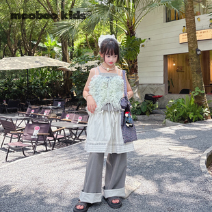 墨宝童装_灰蓝蕾丝仙女上衣+字母背心+花苞冰感抗皱花灰色裤子