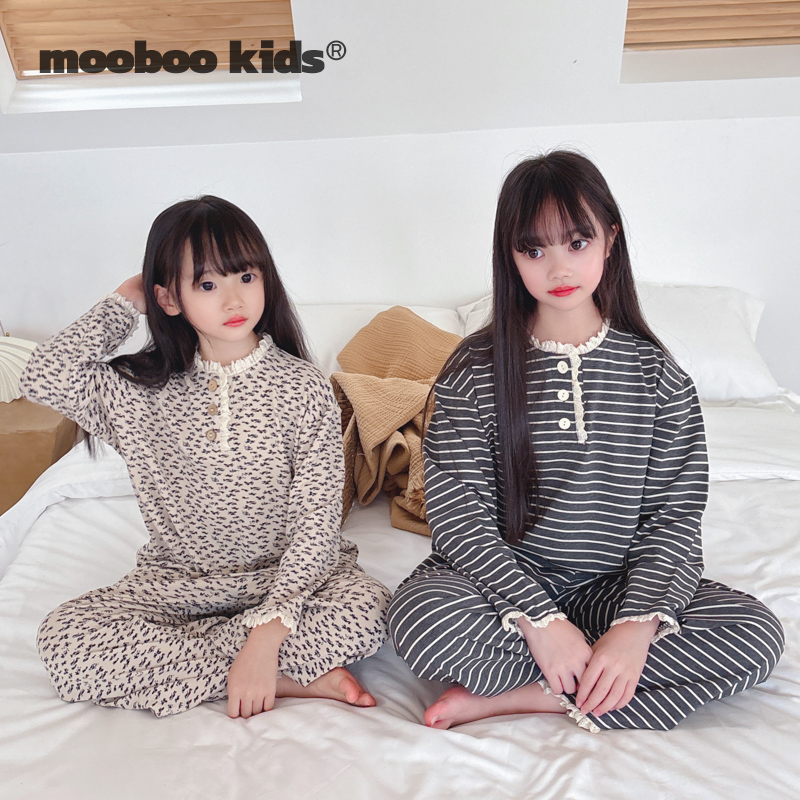 墨宝童装 MoobooKids_秋冬新款纯棉条纹碎花蕾丝花边家居服套装