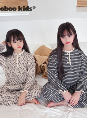 墨宝童装 MoobooKids_秋冬新款纯棉条纹碎花蕾丝花边家居服套装
