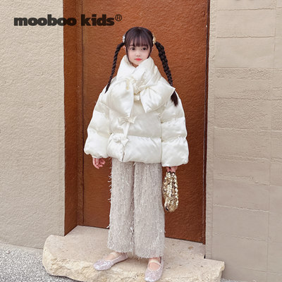 MoobooKids_香槟白闪闪蝴蝶结厚款棉服+加绒闪闪亮片裤子+围巾