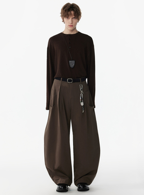 APOECHO 春款复古慵懒风裤子男弯刀裤打褶阔腿垂感棕色休闲长裤