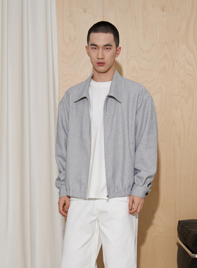 APOECHO 灰色亚麻混纺拉链翻领长袖外套cleanfit简约百搭纯色上衣
