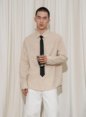 APOECHO 休闲衬衫外套美式宽松慵懒风细格纹POLO设计感长袖上衣