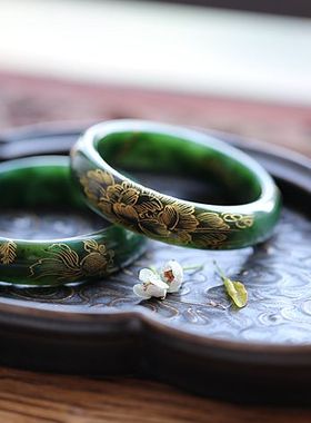 《碧纱窗下洗沉烟》天然和田玉俄料老料碧玉描金古典手镯