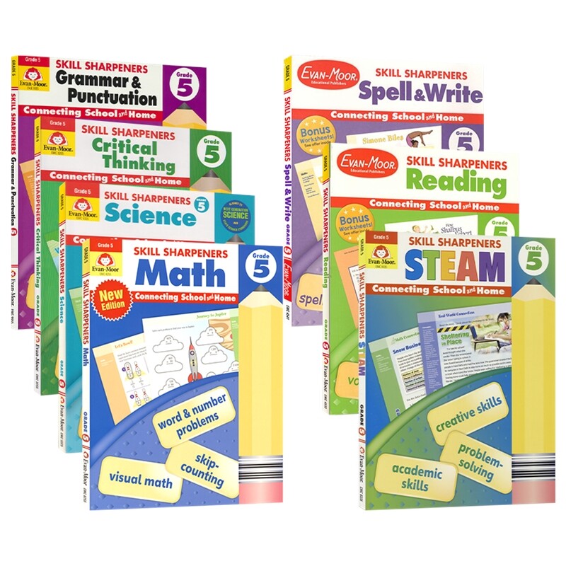五年级7册 Evan Moor Skill Sharpeners Grade 5 美国加州技能铅笔刀系列小学练习册 Reading Math Write 英语教辅 英文原版进口