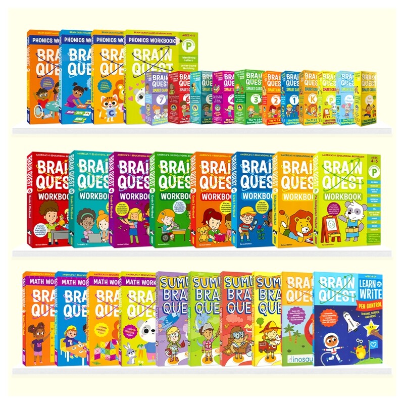 Brain Quest Workbook Smart Cards 学龄前-6年级 大脑任务全科练习册 互动问答卡 自然拼读 数学 书写练习 益智活动 英文原版教辅