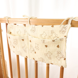 韩国ins婴儿床收纳袋纯棉纱布A类布兜装玩具宝宝床边口袋挂带挂包