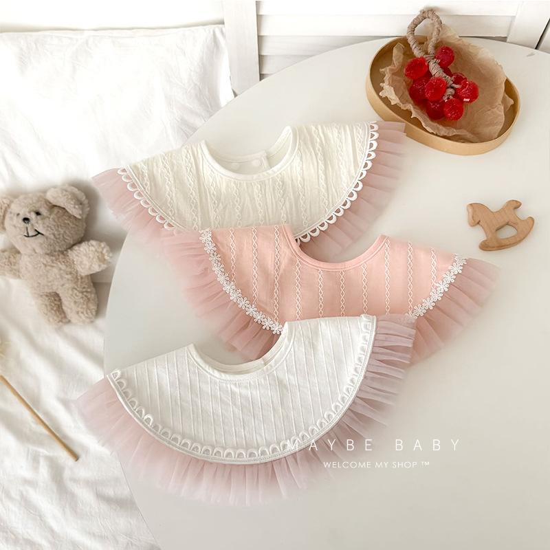 韩国ins棉质婴儿围嘴女宝宝潮流口水巾圆形大花边蕾丝围兜0-1-2岁