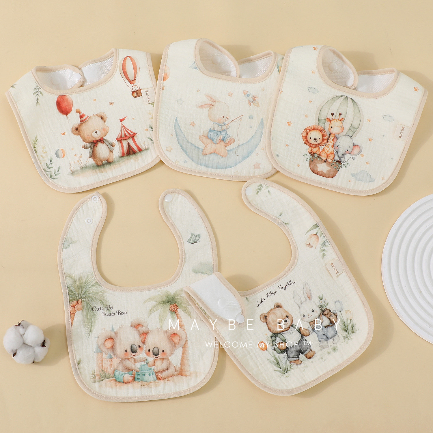 韩国ins宝宝绉布围嘴口水巾新生儿防水数码印花卡通防吐奶型围兜,婴童用品,口水巾,淘宝优惠券,粉丝福利购,淘宝优惠卷