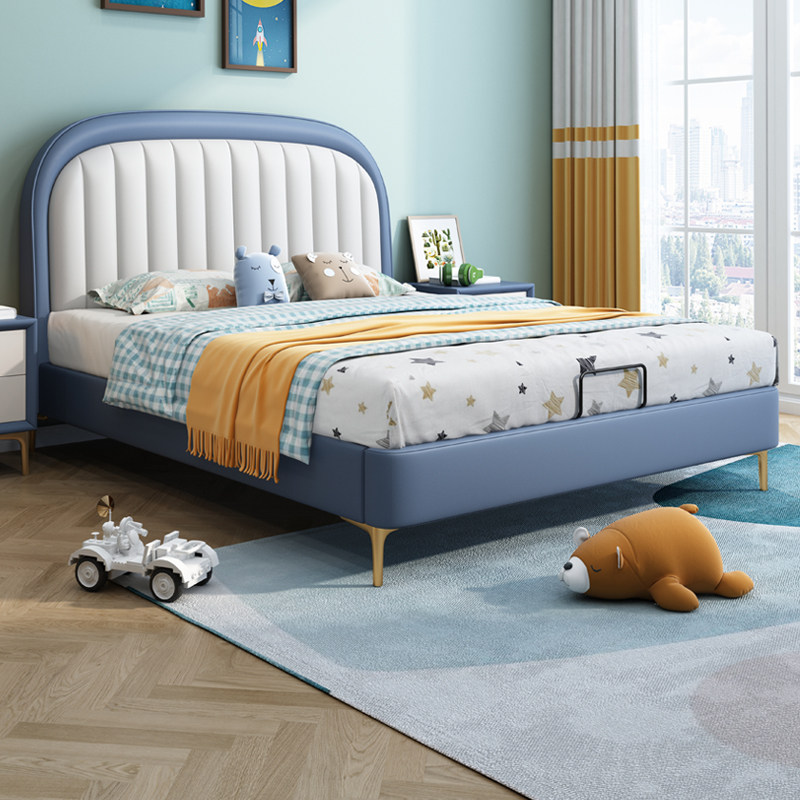 儿童床男孩单人床青少年现代简约男童实木床女孩软包皮床储物床