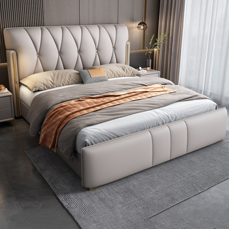 欧式真皮床简约轻奢双人床主卧1.8米现代皮艺婚床卧室软包网红床