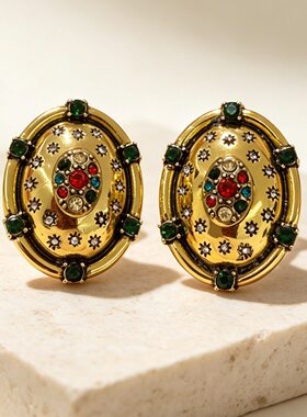 中古vintage复古宫廷风绿色闪钻几何耳环金属做旧彩钻椭圆耳钉女