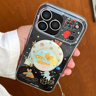 九点半双层可爱透明童趣大象小熊梦幻磁吸适用于苹果17promax 16PM手机壳iPhone17Pro支架全包防摔保护壳套