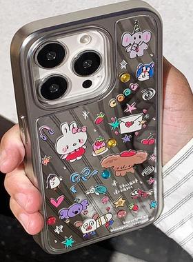 九点半银色镜面ins风童趣涂鸦KT猫适用于苹果17promax/16PM手机壳iPhone17Pro/15pro防摔全包情侣保护套壳