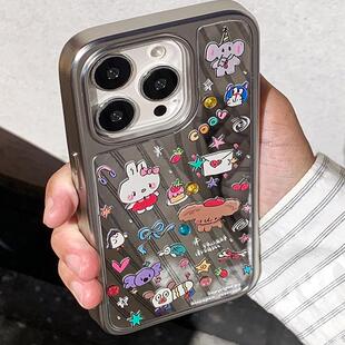 九点半银色镜面ins风童趣涂鸦KT猫适用于苹果17promax 15pro防摔全包情侣保护套壳 16PM手机壳iPhone17Pro