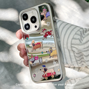 九点半银色镜面涂鸦风可爱星星腊肠小狗适用于苹果17promax 15防摔全包情侣保护套壳 16PM手机壳iPhone17Pro