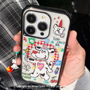 15pro全包防摔黑框保护套 16PM手机壳iPhone17Pro 九点半磁吸支架美式 复古格纹斑点狗ins适用于苹果17promax