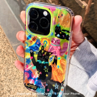 九点半多巴胺好运涂鸦喵喵双层适用于苹果17promax 15pro卡通防摔保护套磁吸支架全包 16PM手机壳iPhone17Pro