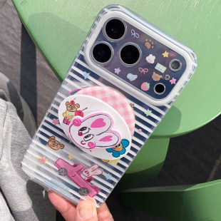 九点半双层镜面条纹可爱星星小兔熊适用于苹果17ProMax手机壳iphone17Pro 15粉色少女心全包保护套 16ProMax