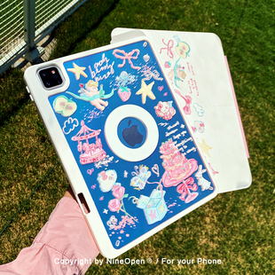 九点半莫奈秘境分离磁吸适用于2025新款 ipadpro12.9寸mini7第11代平板壳720°旋转带笔槽保护壳 air7保护套