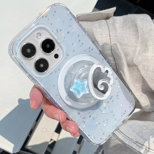 九点半双层星星闪粉韩系ins风天使翅膀镜子磁吸支架适用苹果16ProMax手机壳iphone15Pro全包防摔串珠保护套
