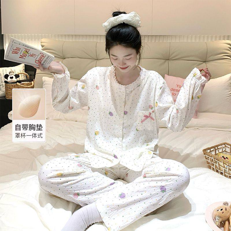 韩版春秋季新款甜美少女卡通蕾丝花边云朵棉睡衣女带胸垫家居服,女士内衣/男士内衣/家居服,睡衣/家居服套装,淘宝优惠券,粉丝福利购,淘宝优惠卷