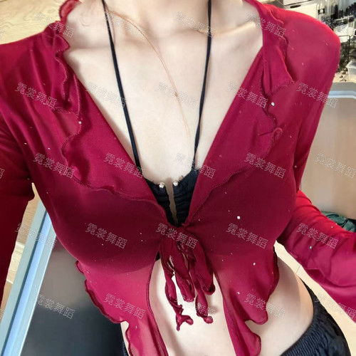 潮牌街舞爵士jazz跳舞上衣hiphop舞蹈腰搭网纱亮片开衫两用罩衫女