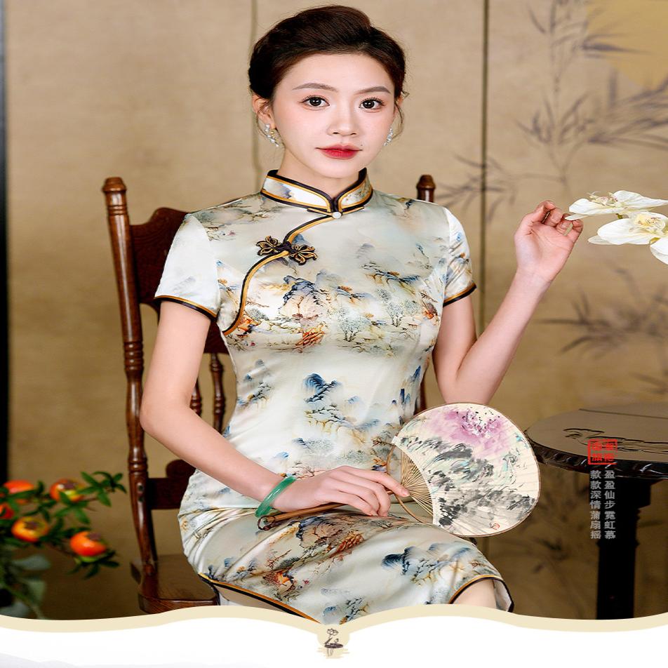 2025千里江山图夏新款真丝旗袍改良连衣裙女桑蚕丝150矮小个子短