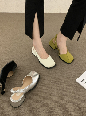 浅口方头单鞋女春秋款仙女复古百搭玛丽珍鞋一脚蹬粗跟后绊带凉鞋