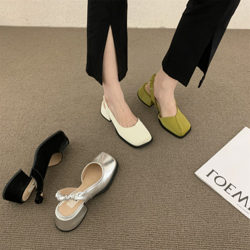 浅口方头单鞋女粗跟后绊带凉鞋女