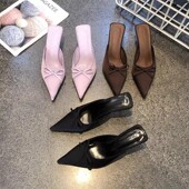 蝴蝶结尖头包头拖鞋 气质外穿性感高跟鞋 女夏季 细跟半拖鞋 新款 法式