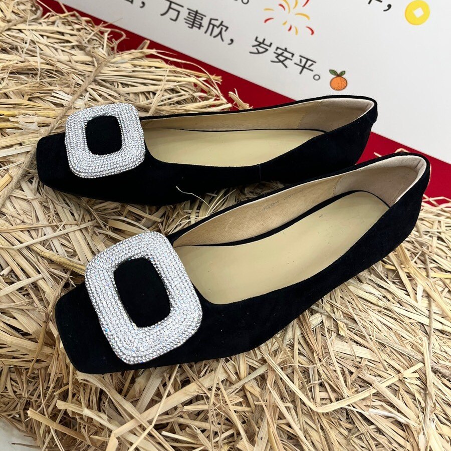 欧货头层羊皮方头浅口单鞋2024款水钻方扣一脚蹬懒人鞋真皮妈妈鞋