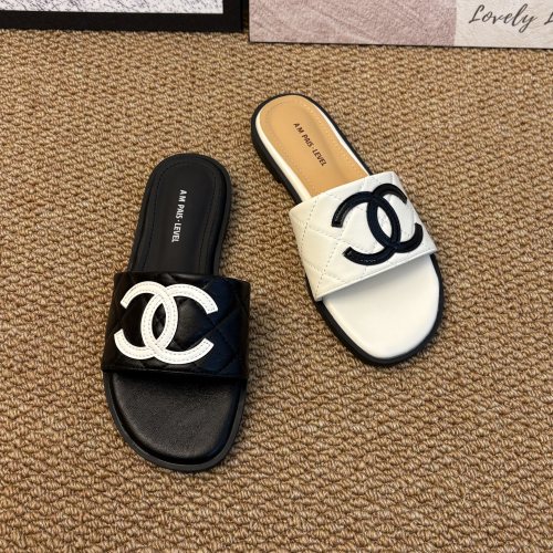 AMPAIS双C菱格拖鞋女夏外穿小香平底一字拖黑白经典软底凉拖鞋
