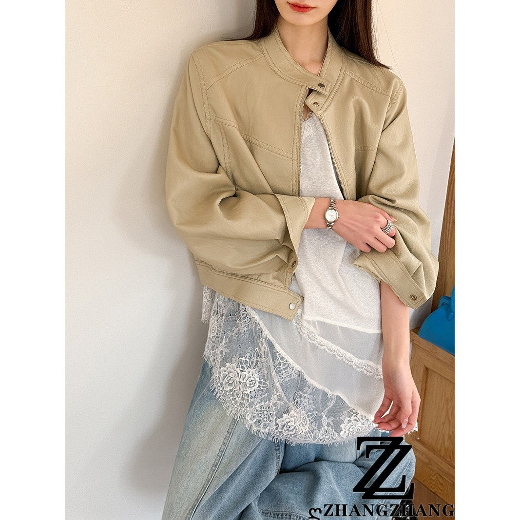 自留款~杏色春季韩系皮衣短款外套女设计感小众机车服正肩夹克