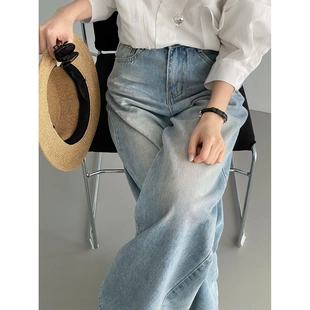 早春满天星韩系早春亮闪闪直筒水洗牛仔裤女高腰显瘦浅色阔腿裤