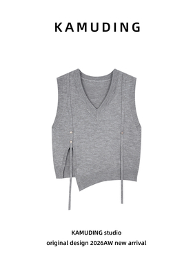 KAMUDING2026新款早春叠穿毛线V领学院风坎肩白色针织马甲26031H
