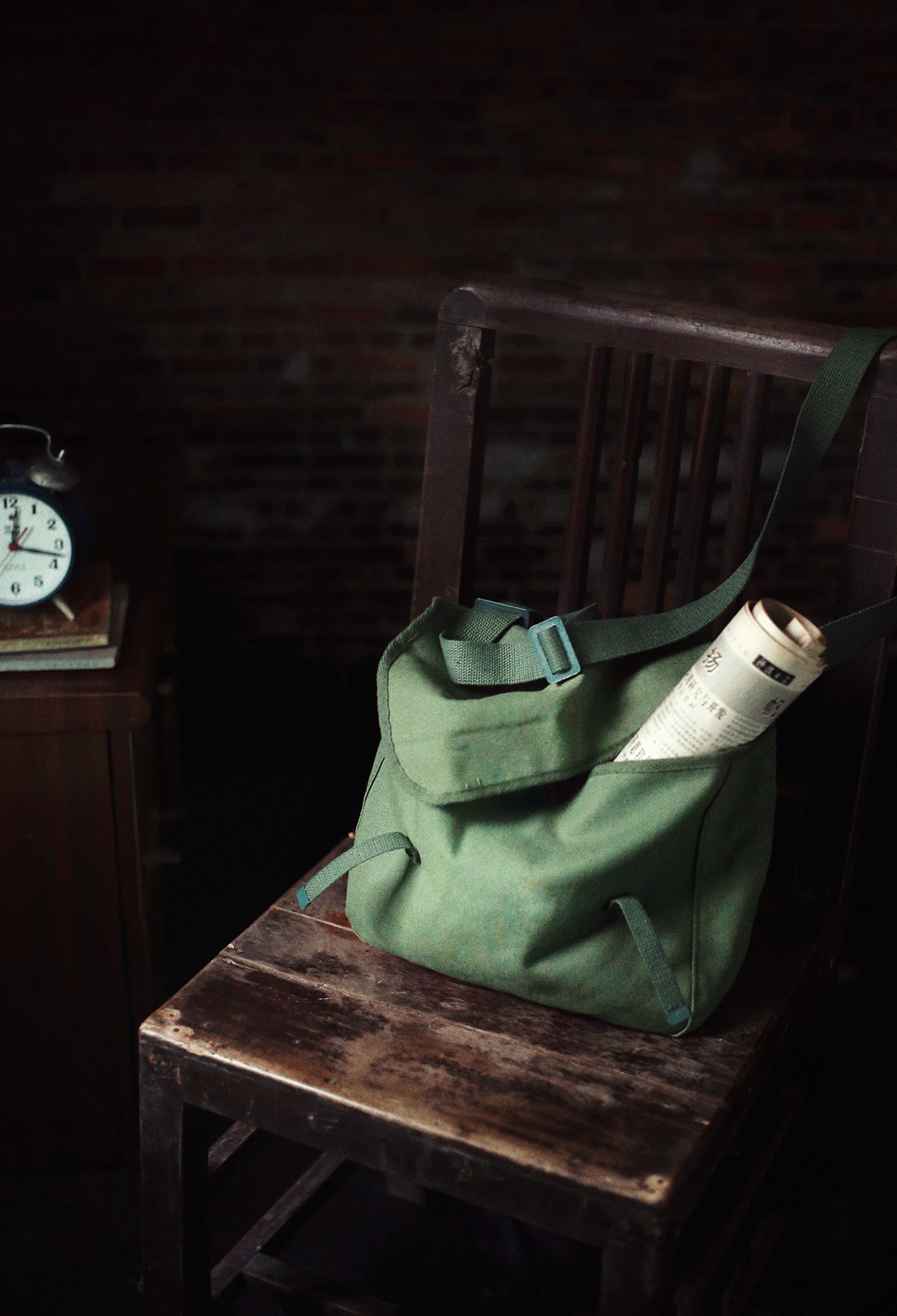 老式怀旧绿色挎包书包 复古中式风格静物美食拍摄【二店道具铺】