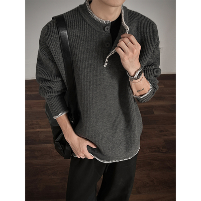 老钱风半开领亨利领假两件毛衣男