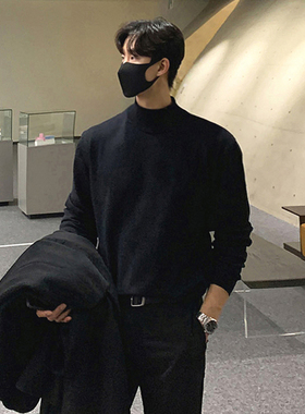 秋冬季半高领毛衣男黑色加厚潮牌韩版潮流痞帅宽松内搭打底针织衫