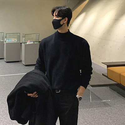 秋冬半高领内搭黑色毛衣男加厚