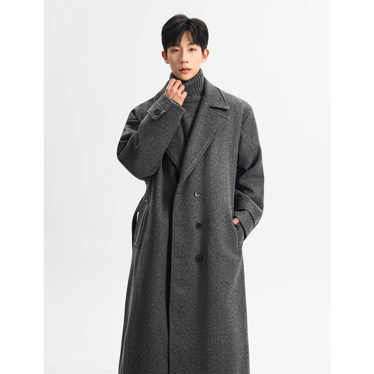 灰色毛呢大衣男中长款冬季加厚