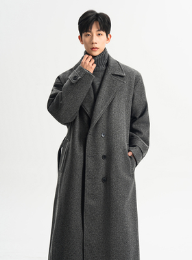 灰色毛呢大衣男中长款冬季加厚保暖过膝高级感潮流呢子风衣外套男