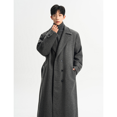 灰色毛呢大衣男中长款冬季加厚