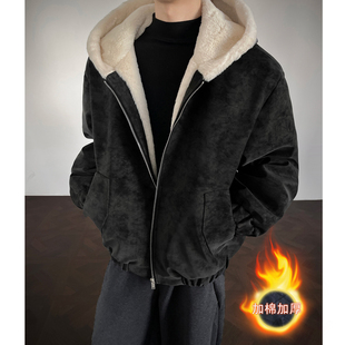 2025冬季复古做旧座山雕加绒加厚连帽外套男宽松高级感皮棉衣男